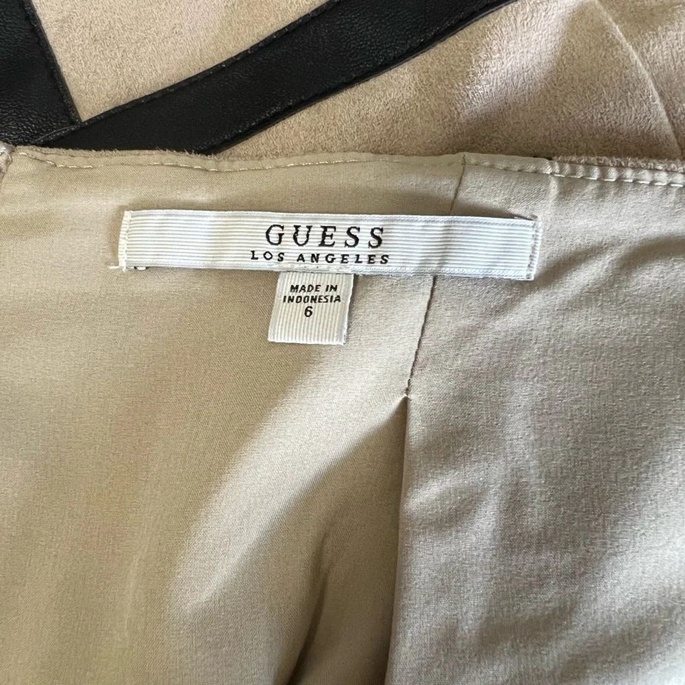 Guess Tan A-line Mini Skirt. Faux Tan Sueadewith Faux Black leather accent - Picture 6 of 9